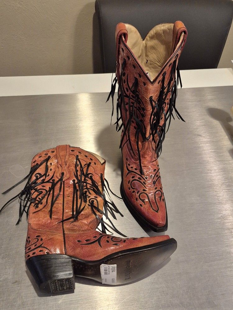 Gorgeous Rare NEW $300 Women Corral Burnt Orange Fringe Cowboy Boots Cowgirl 7