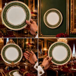 SET/4 c 1900 France T&V Tressemann & Vogt Limoges Antique Porcelain Dinner Plate GOLD REAL GILT Fine Art Original Vintage Burley Co Chicago Green HILL