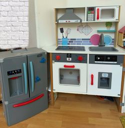 Wooden Kids Play Kitchen Playset & Fridge Refrigerator with Ice Dispenser