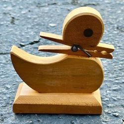 Vintage Wood Handmade Duck Figurine With Clothespin Note Holder Freestanding Home Decoration Accent