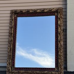Large Vintage Hand-Carved Wood Mirror with Gold Leaf Accents