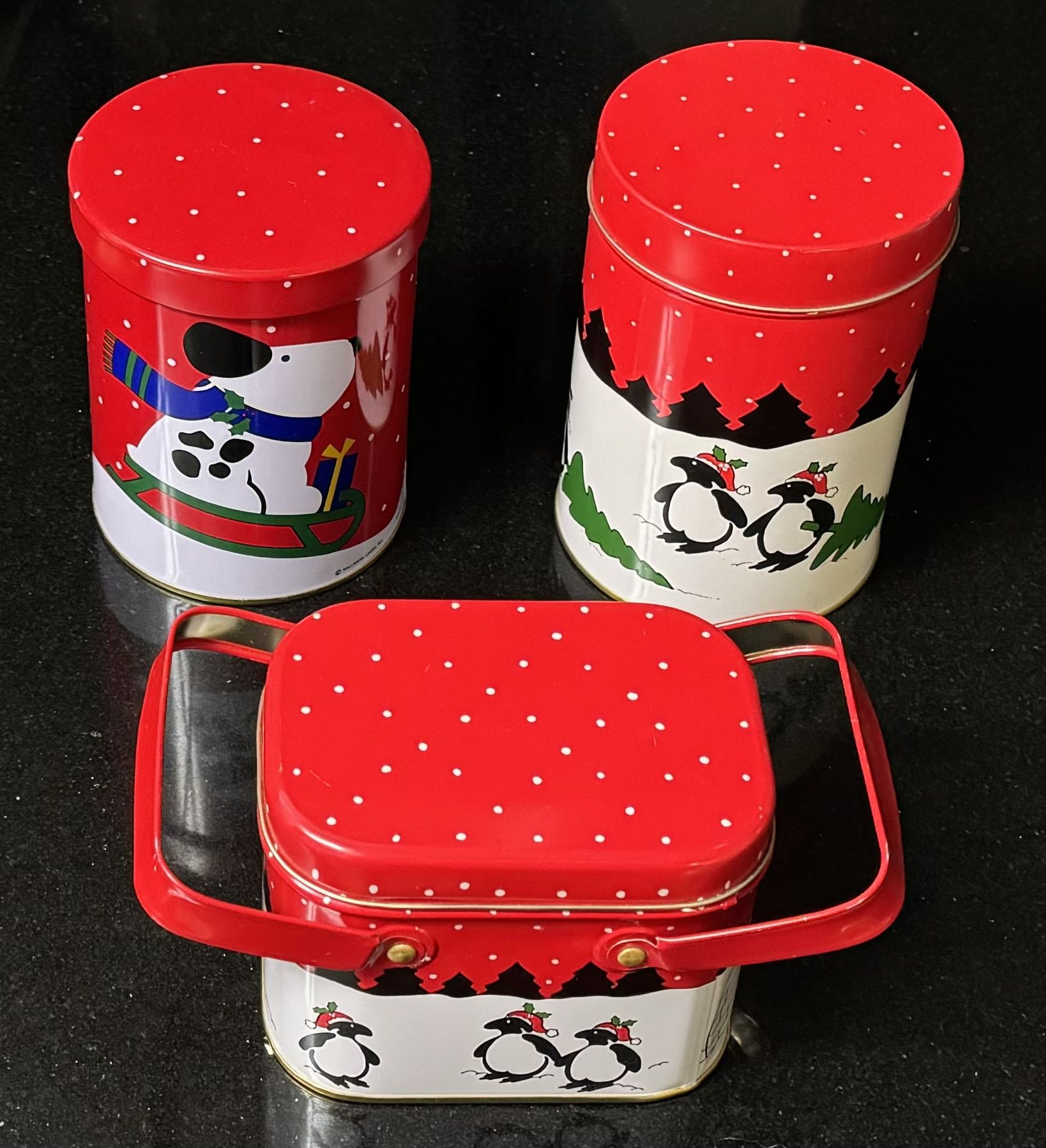 🎄⛄️ Set of 3 Christmas/Holiday Tin Containers, Lids, Handles (brand new)