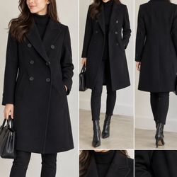 ZARA Women’s Black Wool Double Breasted Tailored Long Coat XS 97% Wool