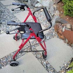 Medline Red 4 Wheeled Walker W/seat