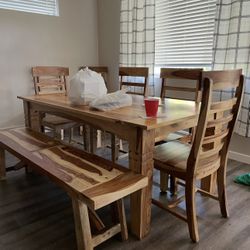 Solid wood Kitchen table, 6 chairs & bench