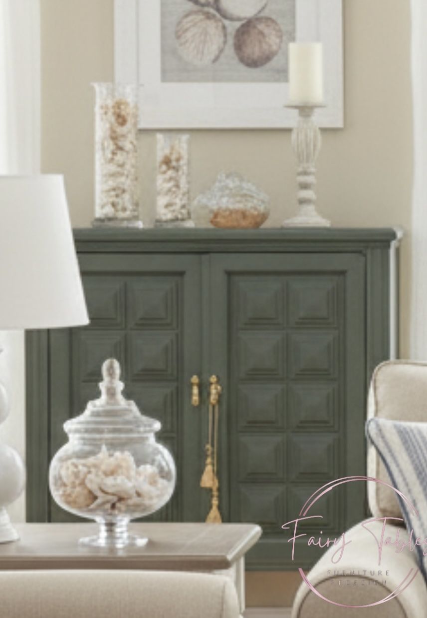 Unique Soft Olive Green Accent Side Table Vintage MCM Neoclassical Converted Sewing Cabinet