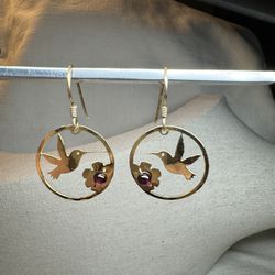 Vintage Wild Bryde Hummingbird And Garnet Stone Gold Plated  Earrings 