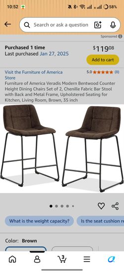 Furniture of America Veradis Modern Bentwood Counter Height Dining Chairs Set of 2, Chenille Fabric Bar Stool with Back and Metal Frame, Upholstered S