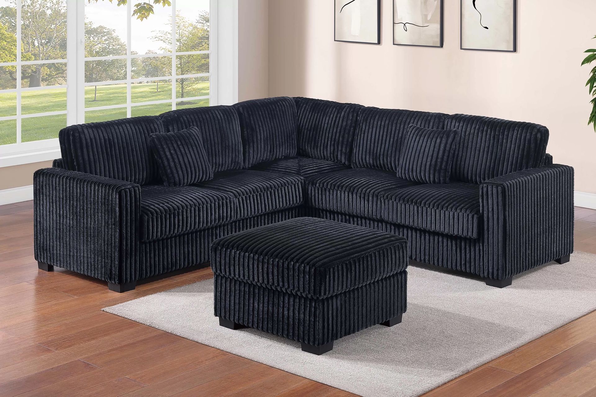 BLACK FUR LIKE CORDUROY SECTIONAL AND OTTOMAN 