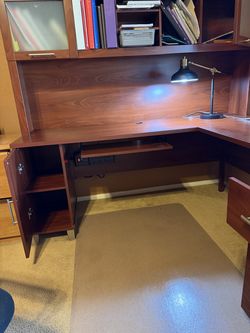 Bush Executive L-Shaped Desk, Hutch, Chair & Large Wood File Cabinet