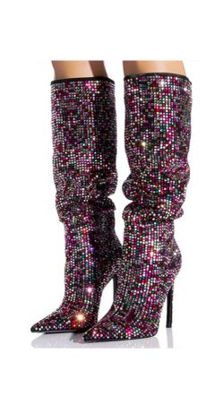 NEW AZALEA WANG Women’s Knee High Multicolor Rhinestone Studded Pointed Toe 7.5