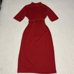 Zara Women Red Belted Pencil Midi Dress
