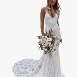 Women's Simple Lace Wedding Dress for Bride Mermaid Beach Wedding Dress with Train Boho Bridal Gown