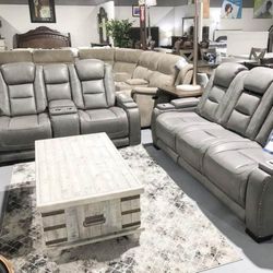 JH-$49 Down Payment For Financing Gray Genuine Leather Power Reclining Sofa And Loveseat 
