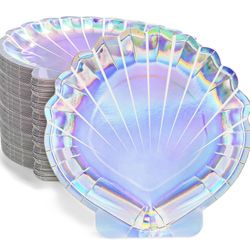 Jowgut 100 Pieces Mermaid Paper Plates, 9 Inch Seashell Plates For Party, Shell Shaped Disposable Iridescent Containers For Holographic Party Supplies