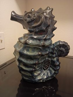Cracker Barrel Stoneware Blue Seahorse Ceramic Jar
