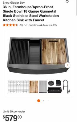 Shop Glacier Bay 36 in. Farmhouse/Apron-Front Single Bowl 18 Gauge Gunmetal Black Stainless Steel Workstation Kitchen Sink with Faucet