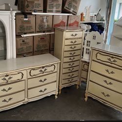 Four piece French provincial Bedroom Set Dresser End table And Lingerie Chest. 