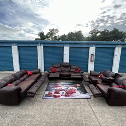 Three leather burgundy couches