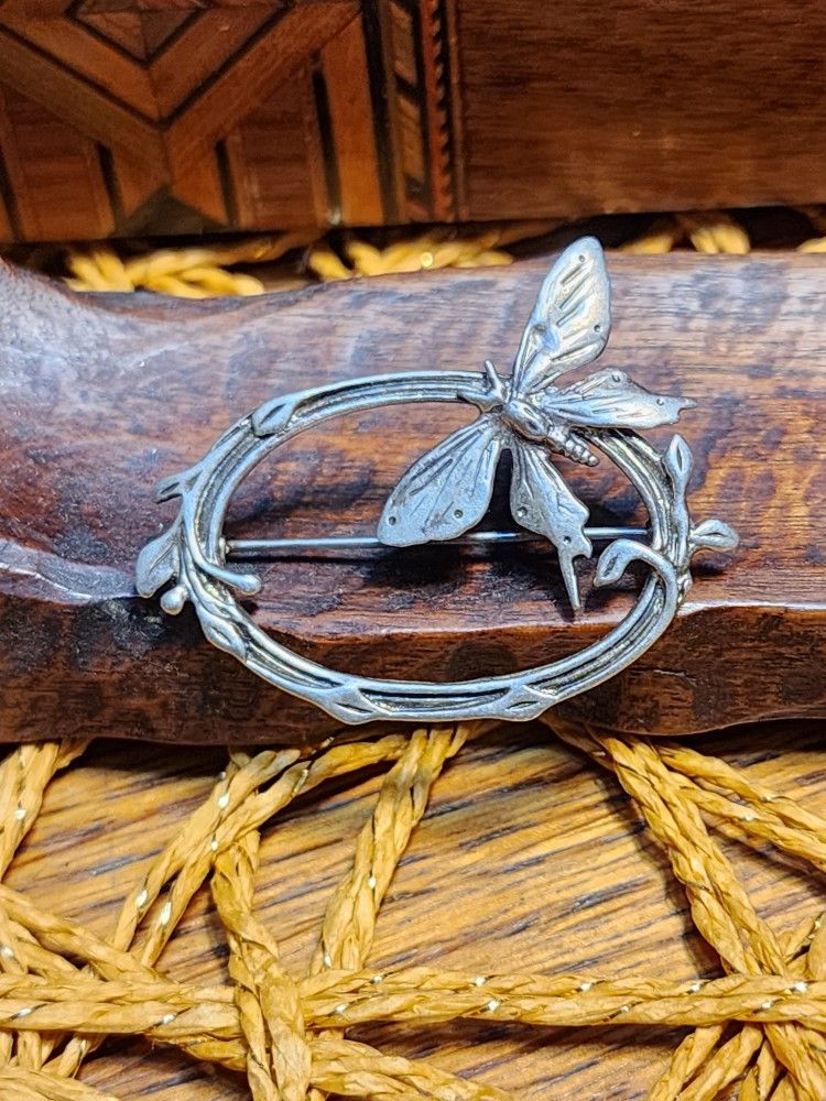 Vintage Sterling Silver Circular Whimsical Butterfly Brooch