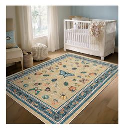 Blue Beige Insect Living Room Rug 5x8, 