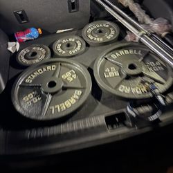 Very nice looking Brand new 45, 35 lb, and 25 lb Olympic weight plates. Brand new olympic barbells 7 ft, 6 ft , and 5 ft and standard barbell 5 ft.