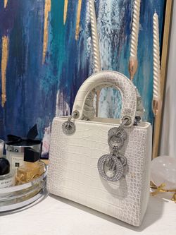 White Croc Textured Satchel Handbag with Rhinestone Charms & Silk Scarf
