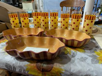 LOT - Gail Pittman "hand painted set - 8 glasses & 3 custom bowls
