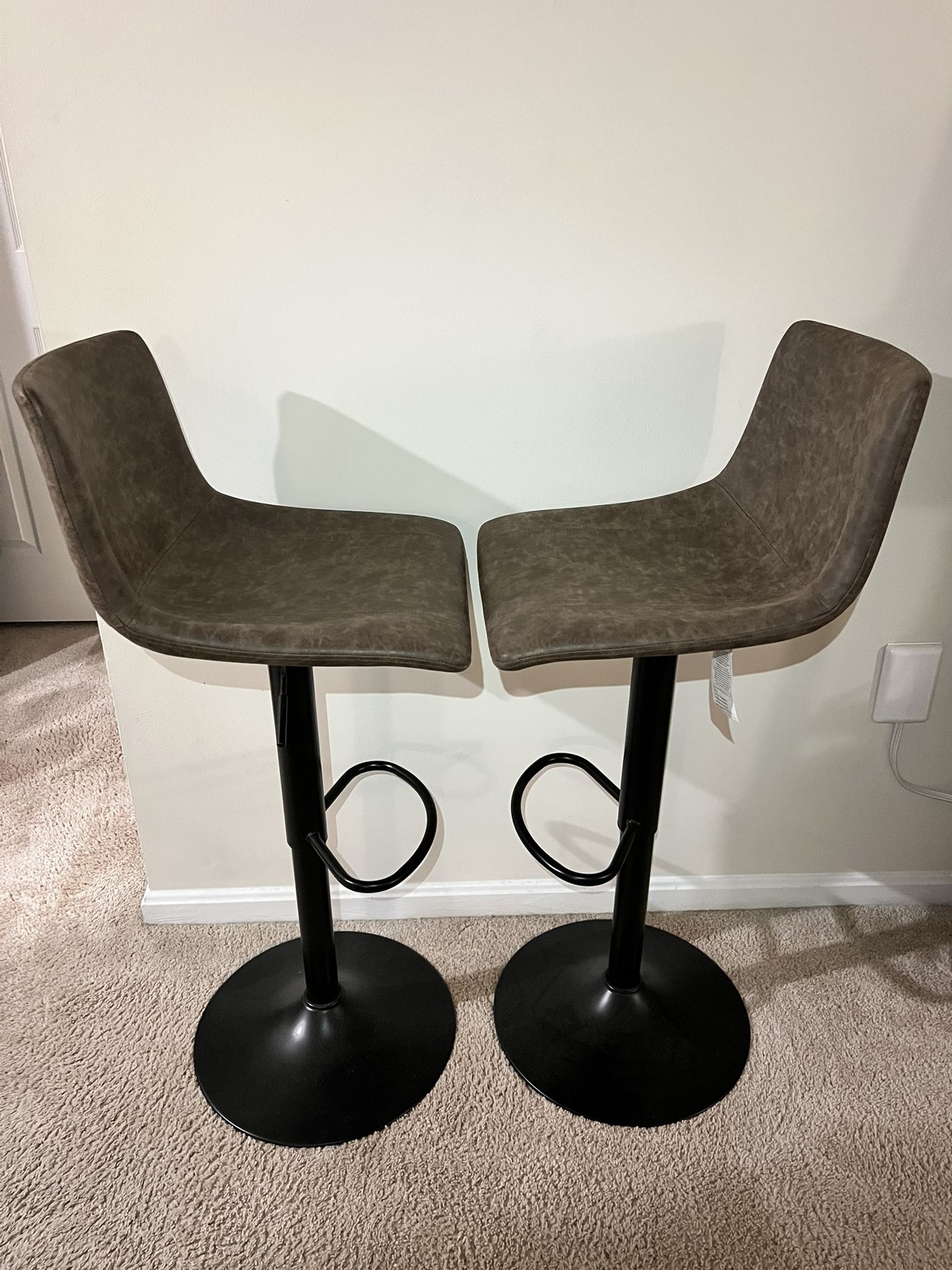 2 Brown Bar Stools – Swivel + Adjustable Height