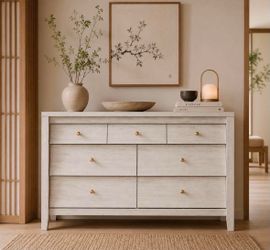 7 Drawer Farmhouse Dresser 47" Chest Storage Organizer TV Stand for Bedroom, white M-10