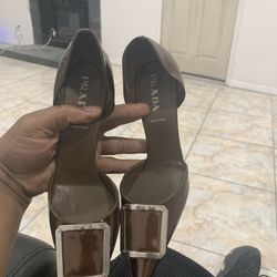 Prada women's copper patent leather 4" heels vamp buckle pointed toe