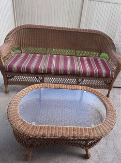 Beige wicker sunroom sofa and table set (Cash Only)