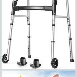 New Holy Heal Folding Silver Walker SKSW01-BK with 2 Skis and 5" Wheels, Lightweight Adult Rolling Walker, Supports Up to 350 Pounds