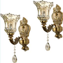 New 15.5” L Glass Wall Sconce Set of 2, Antique Brass Wall Light, Crystal Floral Bedside Wall Lamp