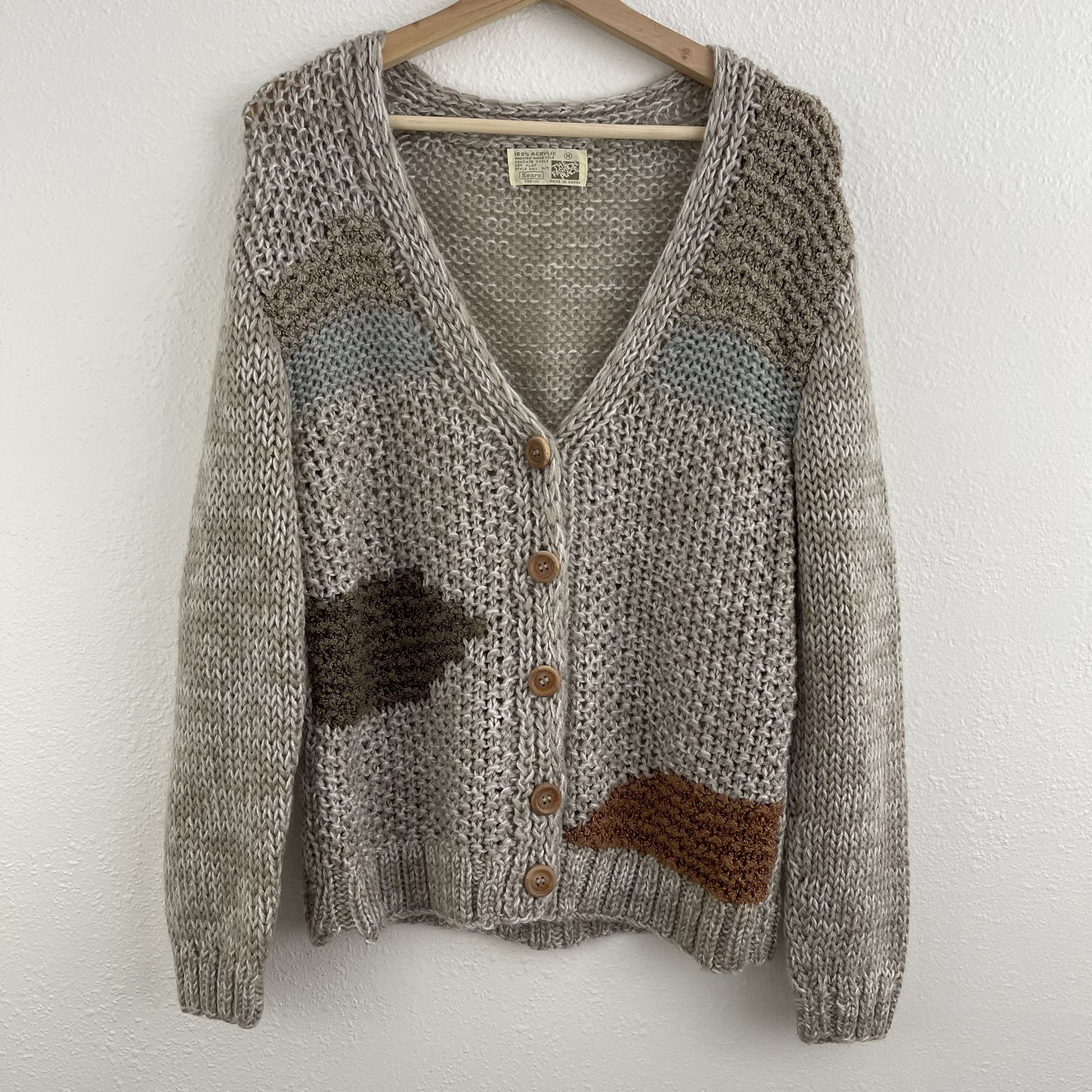 SEARS Vintage 80s Taupe Grey Patchwork Knit V Neck Button Up Cardigan Sweater