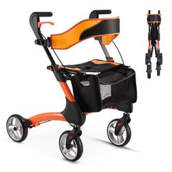 Rollator Walker for Seniors, 6 Level for Height Adjustment, 8" Wheels Folding Lightweight Walking Aid with Seat Padded Backrest, Orange