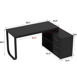 Home Office Computer Desk Corner Desk with 3 Drawers and 2 Shelves, 55 Inch Large L-Shaped Study Writing Table with Storage Cabinet - Black 