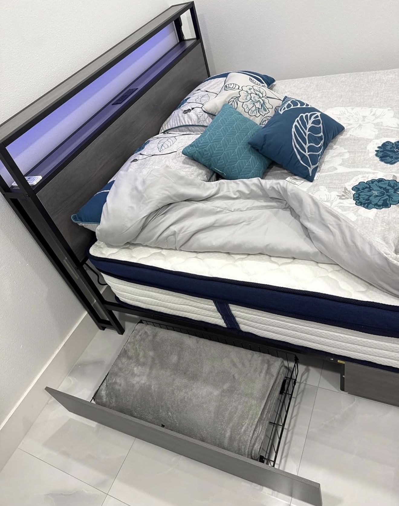 Queen Grey Bed Frame with 4 storage drawers and headboard