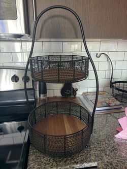 Rustic 2 tier Metal & Wood Tray / Fruit Basket