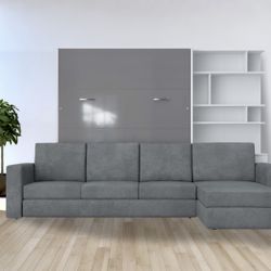 Murphy Bed European Queen size with a Sectional Sofa and a Bookcase, INVENTO (White / grey)​
