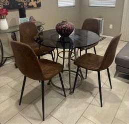 Round glass table + 4 suede brown chairs $100 OBO