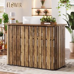 New in the box 63" Reception Desk, U-Shaped Front Desk with Counter or (Farmhouse Home Bar Unit, Liquor Table with Storage Shelves, 2-Tier Wine Bar Mi
