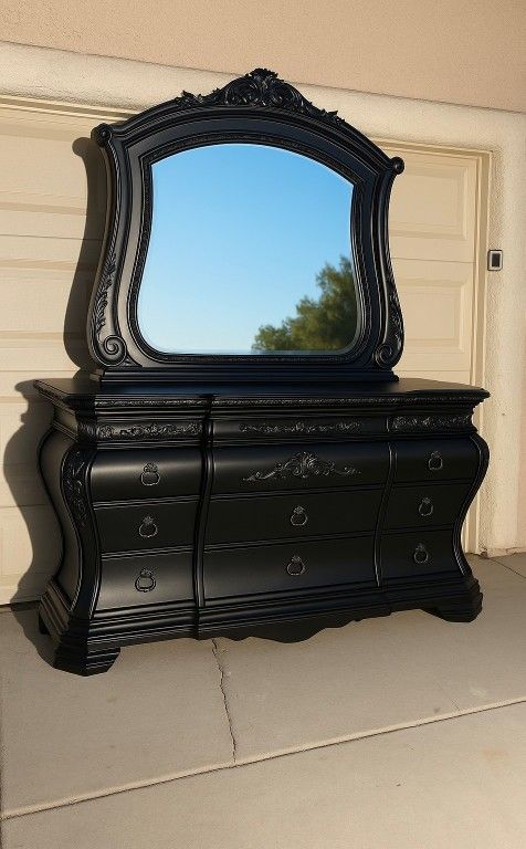 Elegant French Provincial Black Dresser with Mirror – Solid Wood