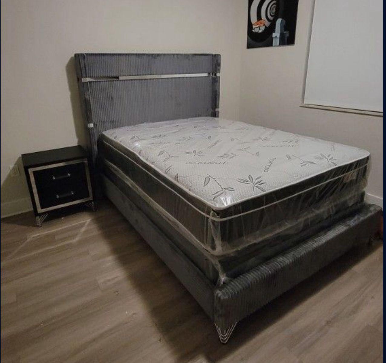 Queen Bed Grey Corduroy NEW $299