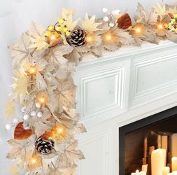 New Fall 6FT Garland Fall Decorations for Home Maple Leaf Garland Lights 6FT Timer Pre-Lit Real Touch, Fall Decor, Berries Pine Cones 20 LED Battery O