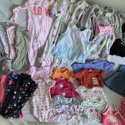 Collection of baby girl 12m month clothing- shirts, pants, sleepers