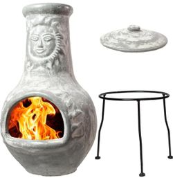 Clay Chiminea Outdoor Fireplace 32 Inch Grey Terracotta Fire Pit with Stand