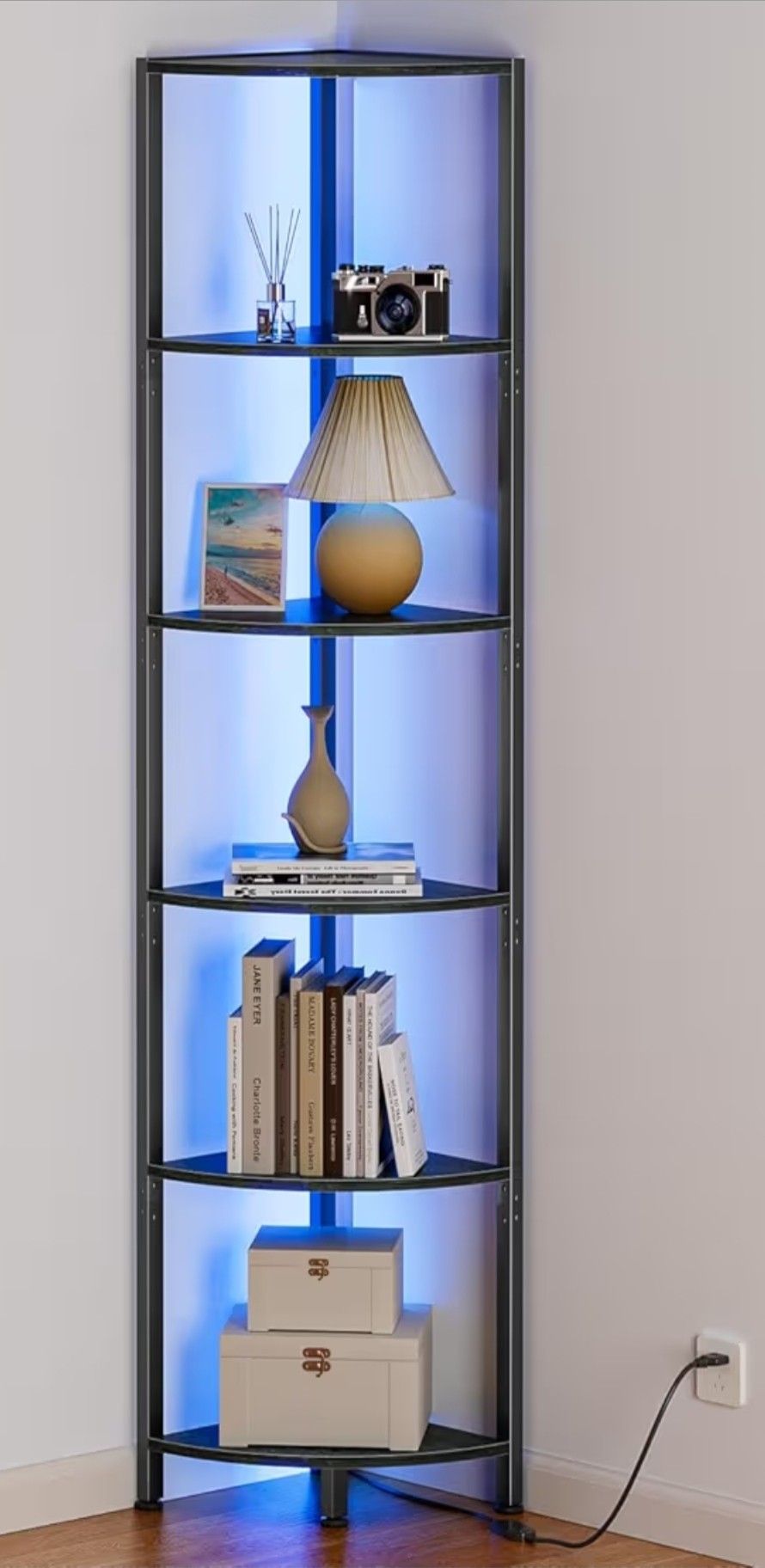 6 Tier Corner Shelf with LED Light, 67.5” Tall Standing Shelf Organizer, Black Narrow Bookshelf with Storage Rack for Wall Corner, Living Room, Bedro