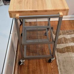 Origami Foldable Wheeled Portable Solid Wood Top Kitchen Island Bar Cart Silver