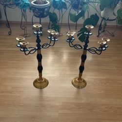 Pair Of Heavy Two Old Antique Cast Brass Metal 4 Arm Candlesticks 
